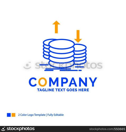 coins, finance, capital, gold, income Blue Yellow Business Logo template. Creative Design Template Place for Tagline.