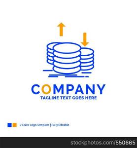 coins, finance, capital, gold, income Blue Yellow Business Logo template. Creative Design Template Place for Tagline.