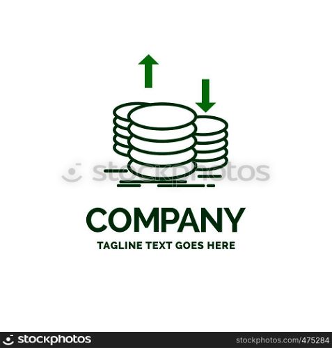 coins, finance, capital, gold, income Flat Business Logo template. Creative Green Brand Name Design.