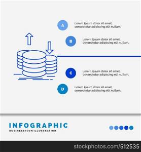 coins, finance, capital, gold, income Infographics Template for Website and Presentation. Line Blue icon infographic style vector illustration. Vector EPS10 Abstract Template background