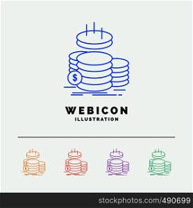 coins, finance, gold, income, savings 5 Color Line Web Icon Template isolated on white. Vector illustration. Vector EPS10 Abstract Template background