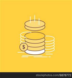 coins, finance, gold, income, savings Flat Line Filled Icon. Beautiful Logo button over yellow background for UI and UX, website or mobile application. Vector EPS10 Abstract Template background