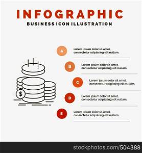 coins, finance, gold, income, savings Infographics Template for Website and Presentation. Line Gray icon with Orange infographic style vector illustration. Vector EPS10 Abstract Template background