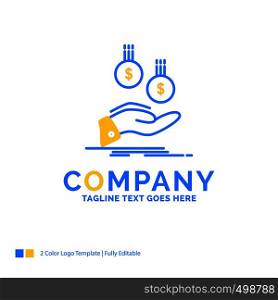 coins, hand, currency, payment, money Blue Yellow Business Logo template. Creative Design Template Place for Tagline.