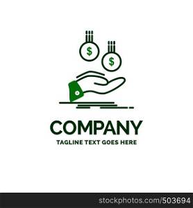 coins, hand, currency, payment, money Flat Business Logo template. Creative Green Brand Name Design.