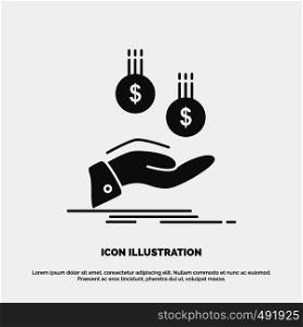 coins, hand, currency, payment, money Icon. glyph vector gray symbol for UI and UX, website or mobile application. Vector EPS10 Abstract Template background