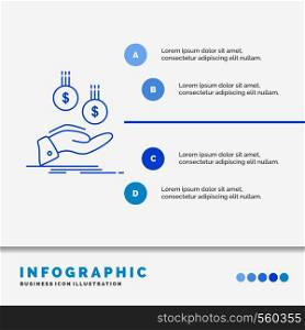 coins, hand, currency, payment, money Infographics Template for Website and Presentation. Line Blue icon infographic style vector illustration. Vector EPS10 Abstract Template background