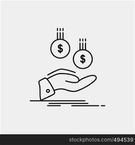 coins, hand, currency, payment, money Line Icon. Vector isolated illustration. Vector EPS10 Abstract Template background