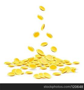 Coins heap. Gold coins money pile vector illustration, ancient currency treasure isolated on white background. Gold coins heap