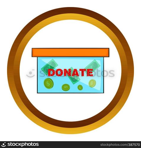 Coins in donate box vector icon in golden circle, cartoon style isolated on white background. Coins in donate box vector icon