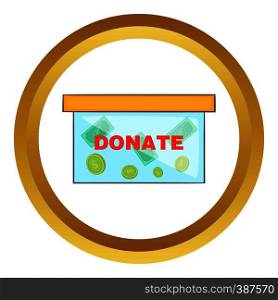 Coins in donate box vector icon in golden circle, cartoon style isolated on white background. Coins in donate box vector icon