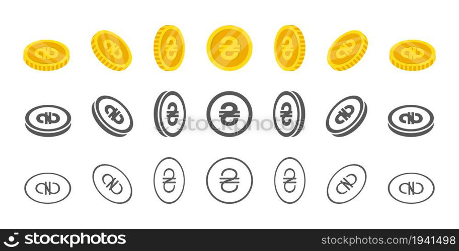 Coins of Ukrainian Hryvnia. Rotation of icons at different angles for animation. Coins in isometric. Vector illustration