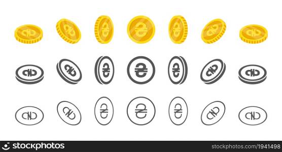 Coins of Ukrainian Hryvnia. Rotation of icons at different angles for animation. Coins in isometric. Vector illustration