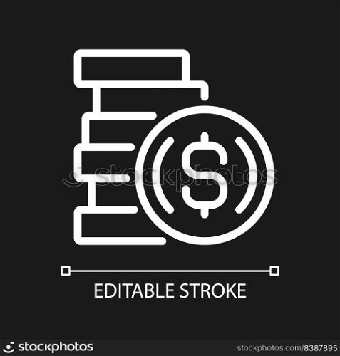 Coins pixel perfect white linear icon for dark theme. Cash form. Piece of metal. Foreign exchange. Thin line illustration. Isolated symbol for night mode. Editable stroke. Arial font used. Coins pixel perfect white linear icon for dark theme