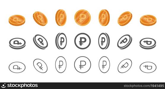 Coins roubles. Rotation of icons at different angles for animation. Coins in isometric. Vector illustration