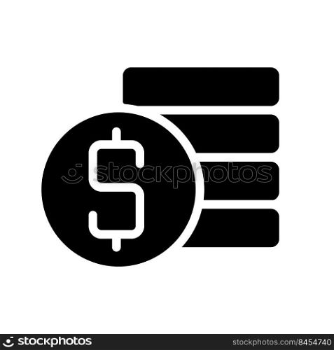 Coins stack and dollar symbol black glyph icon. Savings and earnings. Money management. Financial operations. Silhouette symbol on white space. Solid pictogram. Vector isolated illustration. Coins stack and dollar symbol black glyph icon