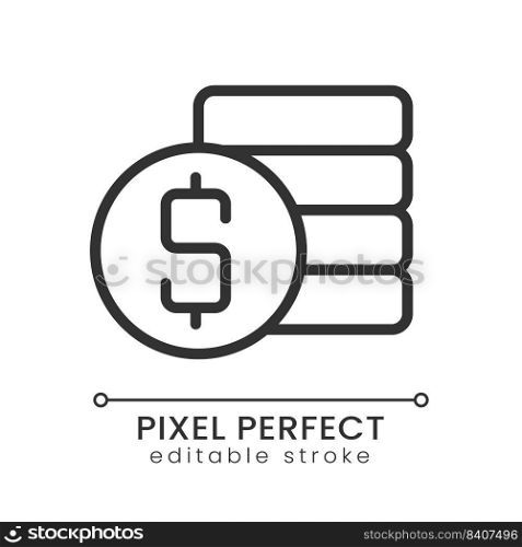 Coins stack and dollar symbol pixel perfect linear icon. Savings and earnings. Money management. Thin line illustration. Contour symbol. Vector outline drawing. Editable stroke. Poppins font used. Coins stack and dollar symbol pixel perfect linear icon