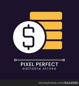 Coins stack and dollar symbol pixel perfect RGB color icon for dark theme. Savings. Money management. Simple filled line drawing on night mode background. Editable stroke. Poppins font used. Coins stack and dollar symbol pixel perfect RGB color icon for dark theme