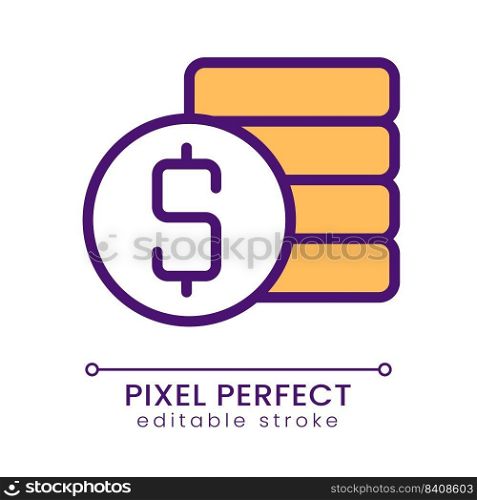 Coins stack and dollar symbol pixel perfect RGB color icon. Savings and earnings. Money management. Isolated vector illustration. Simple filled line drawing. Editable stroke. Poppins font used. Coins stack and dollar symbol pixel perfect RGB color icon