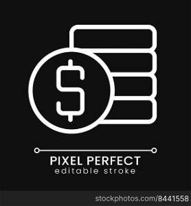 Coins stack and dollar symbol pixel perfect white linear icon for dark theme. Savings. Money management. Thin line illustration. Isolated symbol for night mode. Editable stroke. Poppins font used. Coins stack and dollar symbol pixel perfect white linear icon for dark theme