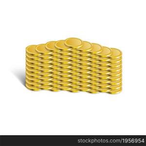 Coins stack vector illustration, coins icon flat, coins pile, coins money, one golden coin standing on stacked gold coins modern design isolated on white background. Coins stack vector illustration. Golden coins money. Money savings for future.