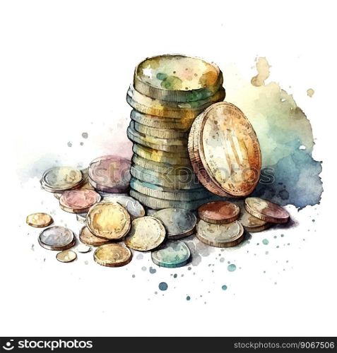 Coins stack vector illustration, watercolor, coins pile, coins money, one golden coin standing on stacked gold coins modern design isolated on white background