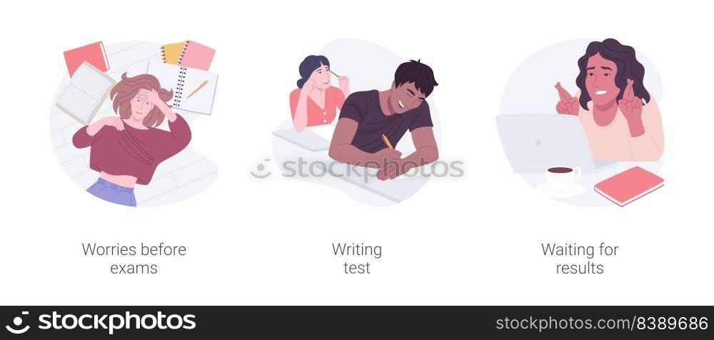 Col≤≥exams isolated cartoon vector illustrations set. Worries before exams, students writing test, waiting for resu<s, know≤d≥check assessment, stressful student life vector cartoon.. Col≤≥exams isolated cartoon vector illustrations set.