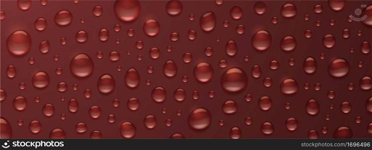 Cola, coffee, whiskey background with drops. Bubbles of soda, beer or water drink abstract texture. Transparent aqua random droplets pattern on brown backdrop 3d design, Realistic vector illustration. Cola, coffee, whiskey background with drop bubbles