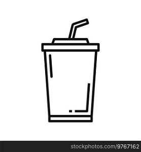 Cola drink cup with lid and straw isolated outline icon. Vector takeaway cola, milkshake or juice fast food beverage. Takeout drink, street food ice coffee, glass with lid and straw, refreshing drink. Disposable paper cup with soda drink isolated icon