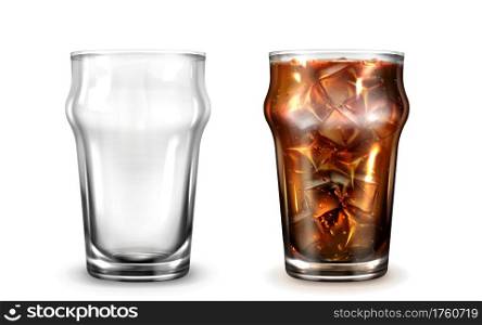 Cola, ice coffee or tea in glass. Fizzy cold drink in clear cup with condensation drops. Vector realistic set of empty and full glass with brown beverage with ice cubes isolated on white background. Empty and full glass with cola or ice coffee