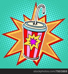 Cola paper cup straw fast food pop art retro style. Restaurants and entertainment. Sweet refreshing in the heat of the drink. Childhood and joy. Advertising poster retro background in the style of a comic book. Cola paper cup straw fast food