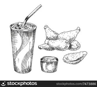 Cola paper cup with chicken wings vector monochrome illustration. Fast food badge sketch style for brochures and restaurant menu, cafe cover template. Cola paper cup with chicken wings monochrome icon