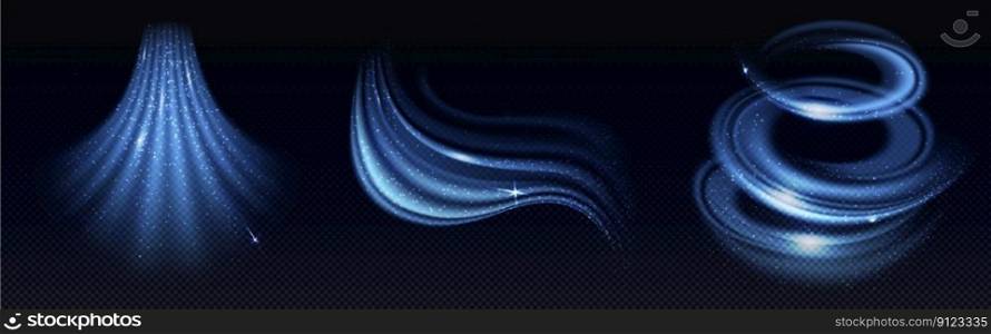 Cold air effect, winter wind swirls and wave. Blue streams of fresh breeze flows isolated on transparent background. Whirlwind, vortex light effect, vector realistic illustration. Cold air effect, winter wind swirls and wave