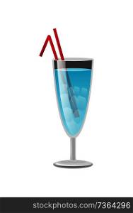 Cold alcohol beverage, colorful vector illustration with blue refreshing cocktail, lot of ice pieces, two red straws, isolated on white background. Cold Alcohol Beverage Colorful Vector Illustration