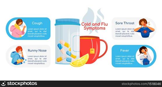 Cold and flu symptoms flat color vector informational infographic template. Healthcare. Poster, booklet, PPT page concept design with cartoon characters. Advertising flyer, leaflet, info banner idea