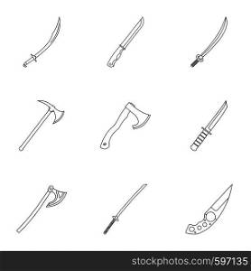 Cold arms icon set. Outline style set of 9 cold weapon vector icons for web isolated on white background. Cold arms icon set, outline style
