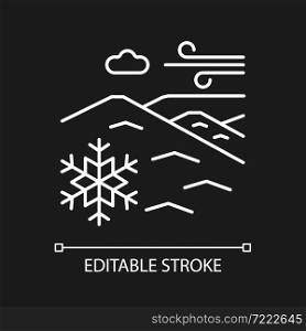 Cold desert white linear icon for dark theme. Polar desert. Snow and ice covered large plain area. Thin line customizable illustration. Isolated vector contour symbol for night mode. Editable stroke. Cold desert white linear icon for dark theme