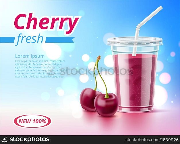 Cold drink poster. Realistic cherry beverage, advertising banner with plastic takeaway cup and tube, healthy berry smoothie or ice tea vector concept of advertisement. Cold drink poster. Realistic cherry beverage, advertising banner with plastic takeaway cup and tube, healthy berry smoothie. Vector concept
