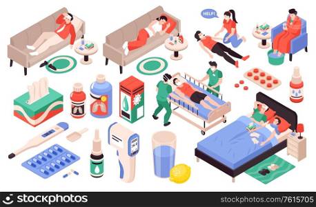 Cold flu viral pneumonia symptoms sick people thermometer pills drops breathing problems headache isometric set vector illustration