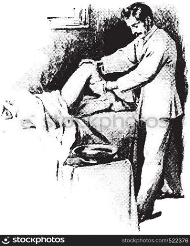 Cold friction to leg, showing protection of bed and method of procedure, vintage engraved illustration.