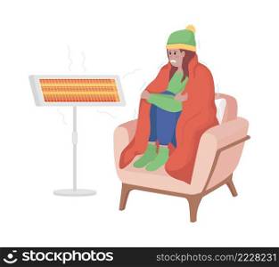 Cold girl at heater l&semi flat color vector character. Sitting figure. Full body person on white. Home temperature isolated modern cartoon style illustration for graphic design and animation. Cold girl at heater l&semi flat color vector character