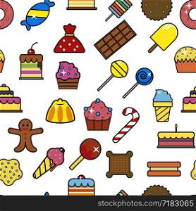 Cold ice cream dessert in crunchy waffle seamless pattern vector. Sorbet and cakes with cherry berry on top, topping of bakery, lollipops and cookies, gingerbread person, candies and cupcakes. Cold ice cream dessert in crunchy waffle seamless pattern vector.