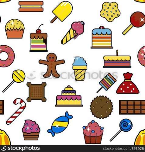 Cold ice cream dessert in crunchy waffle seamless pattern vector. Sorbet and cakes with cherry berry on top, topping of bakery, lollipops and cookies, gingerbread person, candies and cupcakes. Cold ice cream dessert in crunchy waffle pattern vector