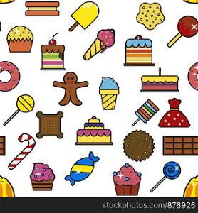 Cold ice cream dessert in crunchy waffle seamless pattern vector. Sorbet and cakes with cherry berry on top, topping of bakery, lollipops and cookies, gingerbread person, candies and cupcakes. Cold ice cream dessert in crunchy waffle pattern vector