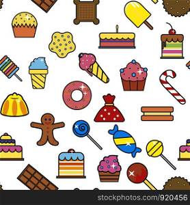 Cold ice cream dessert in crunchy waffle seamless pattern vector. Sorbet and cakes with cherry berry on top, topping of bakery, lollipops and cookies, gingerbread person, candies and cupcakes. Cold ice cream dessert in crunchy waffle seamless pattern vector.