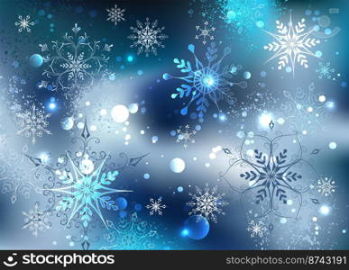 Cold, shiny, rough, snowy background with white and blue patterned snowflakes. Snow design.