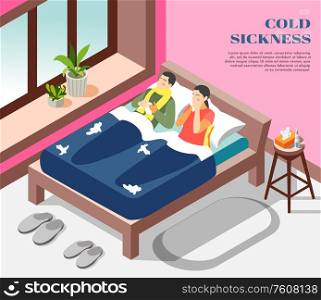 Cold sickness flu treatment isometric composition with suffering from influenza running nose couple in bed vector illustration