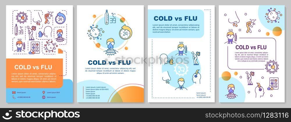 Cold vs flu brochure template. Respiratory disease symptoms. Flyer, booklet, leaflet print, cover design with linear icons. Vector layouts for magazines, annual reports, advertising posters