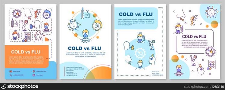 Cold vs flu brochure template. Respiratory disease symptoms. Flyer, booklet, leaflet print, cover design with linear icons. Vector layouts for magazines, annual reports, advertising posters