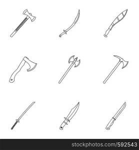 Cold weapon icon set. Outline style set of 9 cold weapon vector icons for web isolated on white background. Cold weapon icon set, outline style